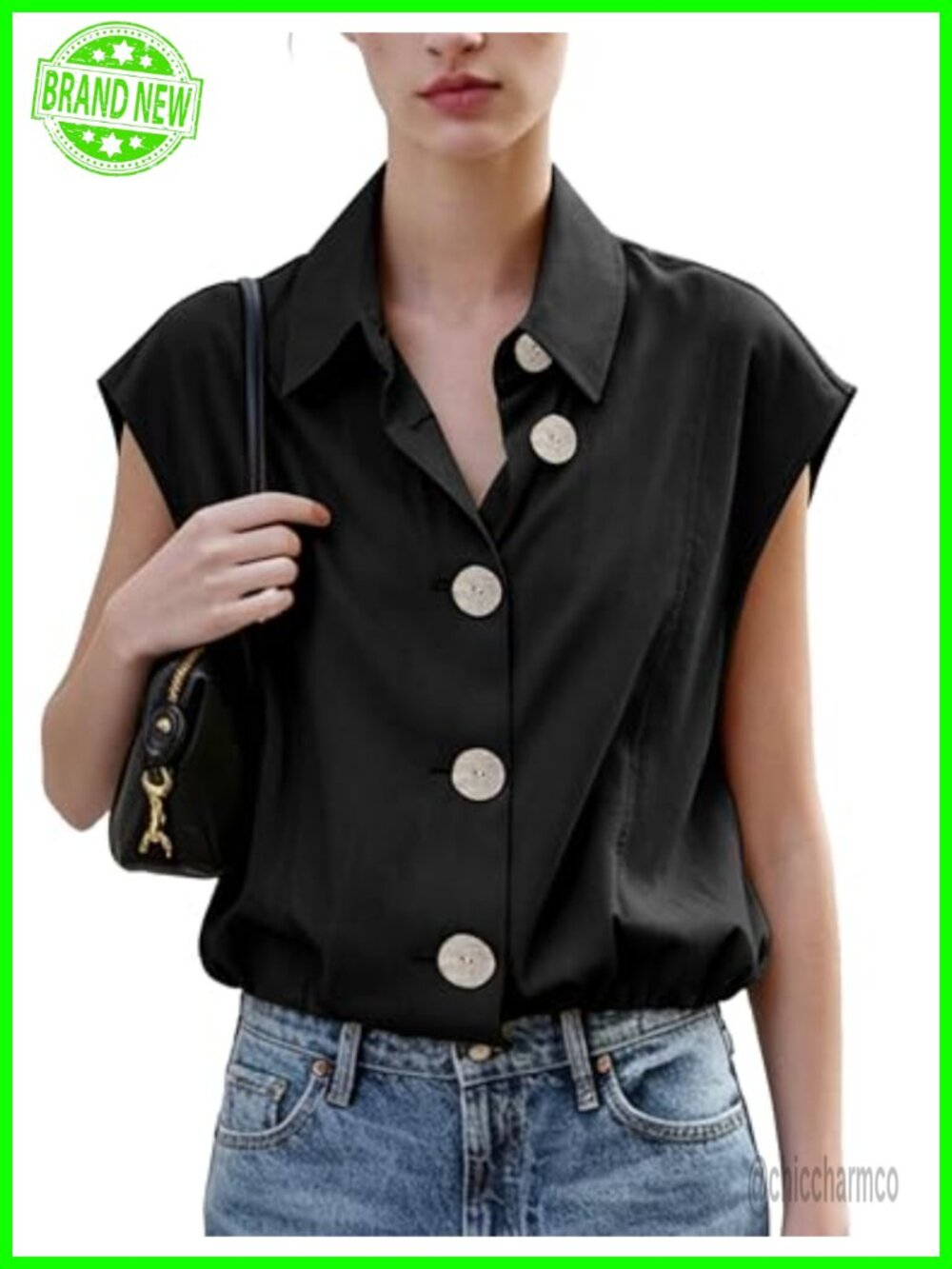 Womens 100% Cotton Cap Sleeve Vest Top Button Down Crop Top